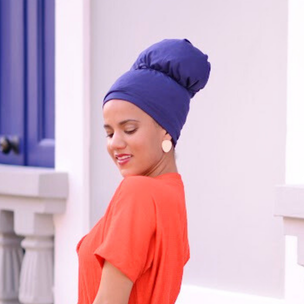 Blue Mirabal Afrona - Satin lined hat - Curly Hair products - Hat for curly hair - replace your bonnets, head wraps and satin pillow with the Afrona.