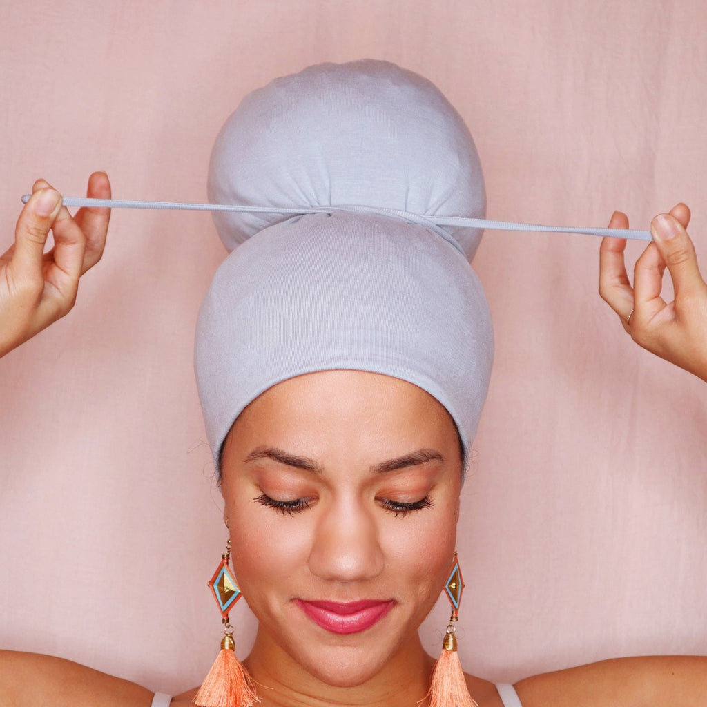 Silver Mirabal Afrona in Crown Bun - Satin lined hat - Curly Hair products - Hat for curly hair - replace your bonnets, head wraps and satin pillow with the Afrona.