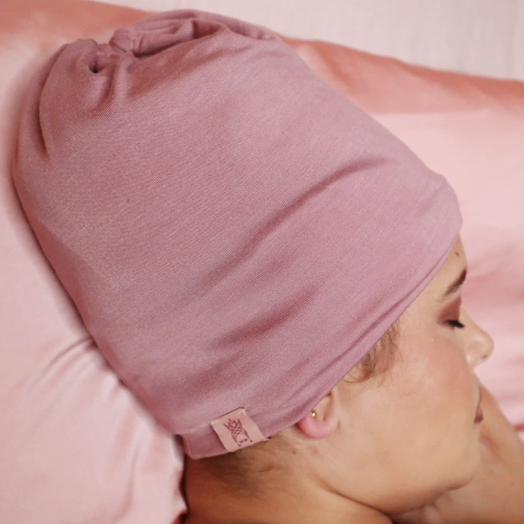 Mauve Anacaona Afrona in Crown style for sleeping- Satin lined hat for curly hair - Curly Hair products - replace your bonnets, head wraps and satin pillow with the Afrona.