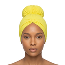 Woman wearing a yellow headscarf on a white background