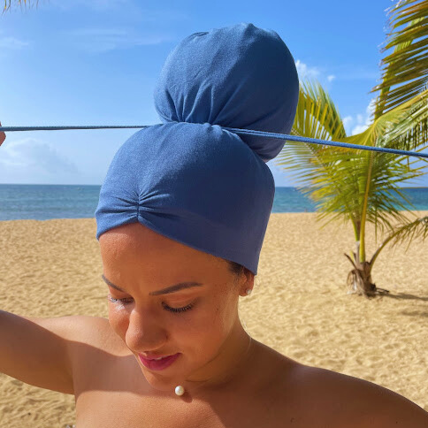 Blue Anacaona Afrona - Satin lined hat - Curly Hair products - Hat for curly hair - replace your bonnets, head wraps and satin pillow with the Afrona.