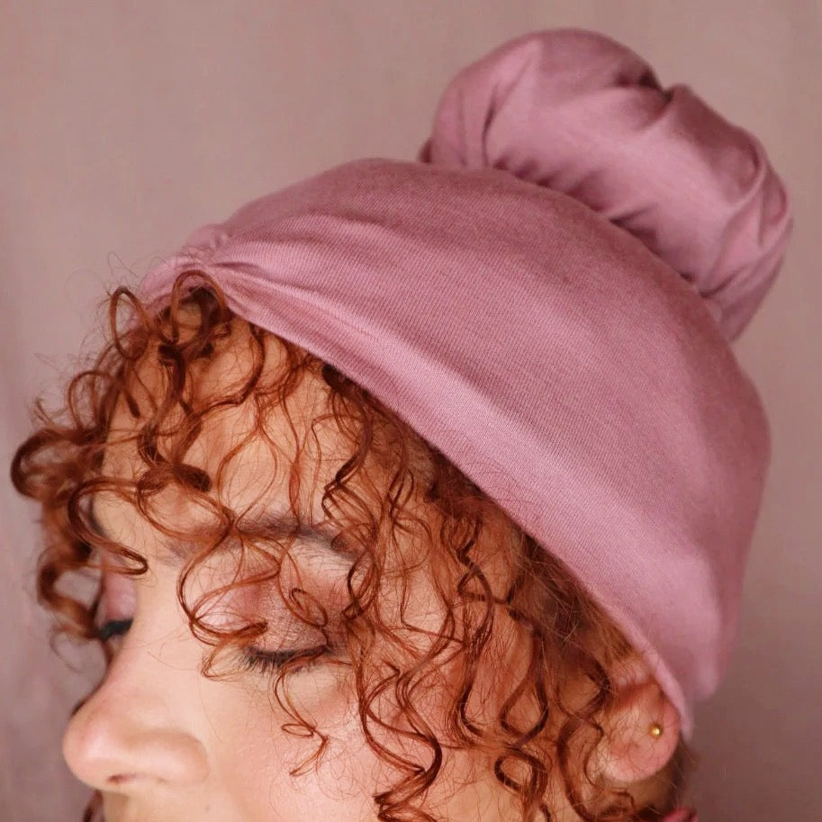 Mauve Anacaona Afrona in Crown Bun- Satin lined hat - Curly Hair products - Hat for curly hair - replace your bonnets, head wraps and satin pillow with the Afrona. 