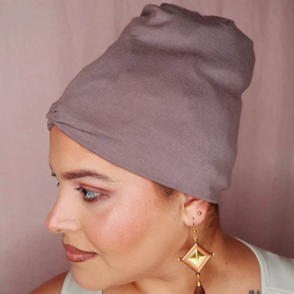 Taupe Anacaona Afrona - Satin lined hat - Curly Hair products - Hat for curly hair - replace your bonnets, head wraps and satin pillow with the Afrona.