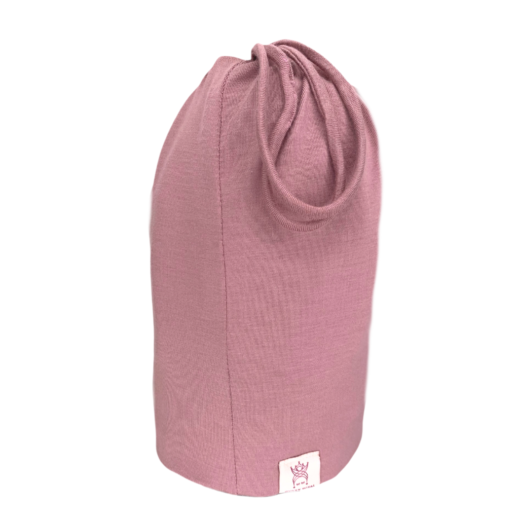 Back view of Mauve Anacaona Afrona - Satin lined hat for curly hair - Curly Hair products - replace your bonnets, head wraps and satin pillow with the Afrona.