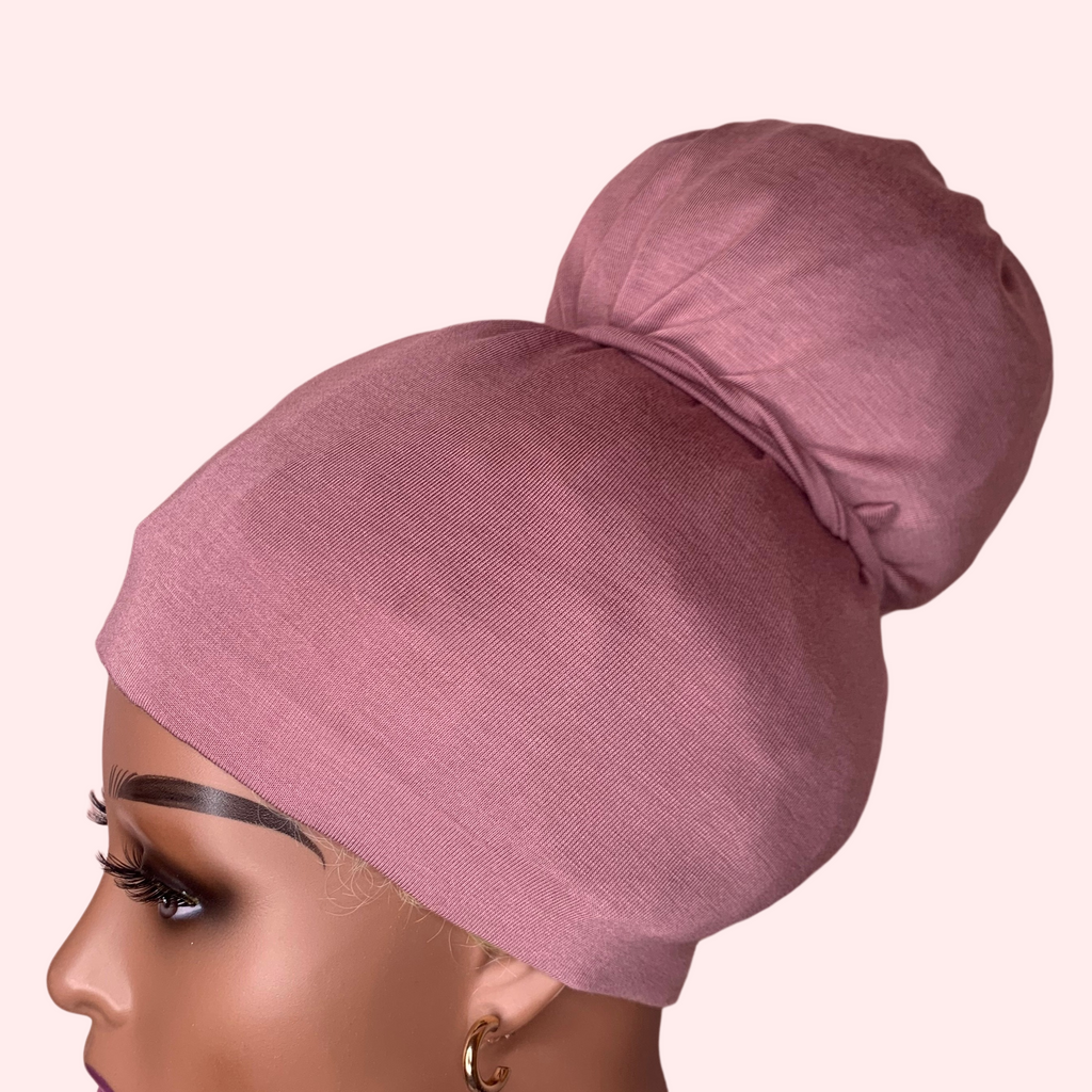 Mauve Mirabal Afrona in Crown Bun - Satin lined hat - Curly Hair products - Hat for curly hair - replace your bonnets, head wraps and satin pillow with the Afrona.