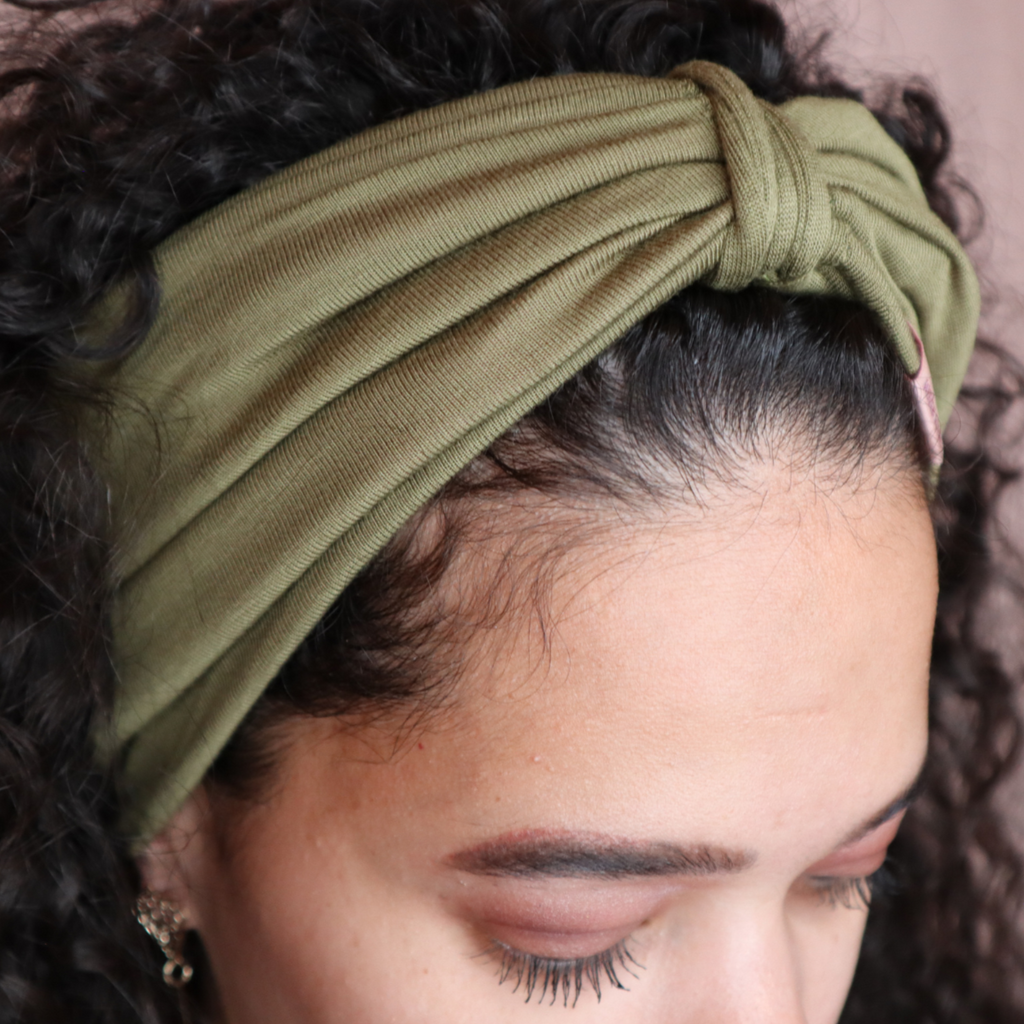 Olive Anacaona Afrona in headband - Satin lined hat - Curly Hair products - Hat for curly hair - replace your bonnets, head wraps and satin pillow with the Afrona.