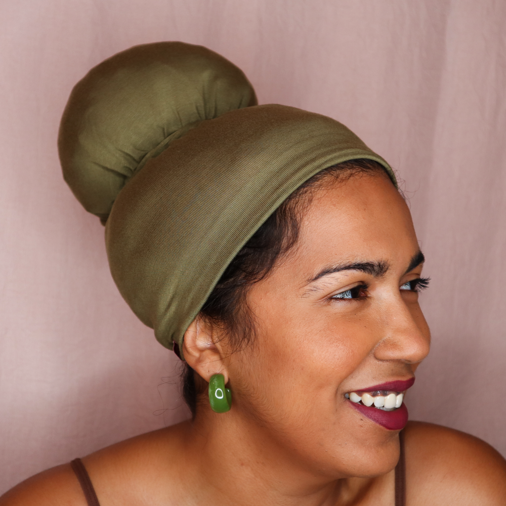 Olive Mirabal Afrona in Crown Bun - Satin lined hat - Curly Hair products - Hat for curly hair - replace your bonnets, head wraps and satin pillow with the Afrona.